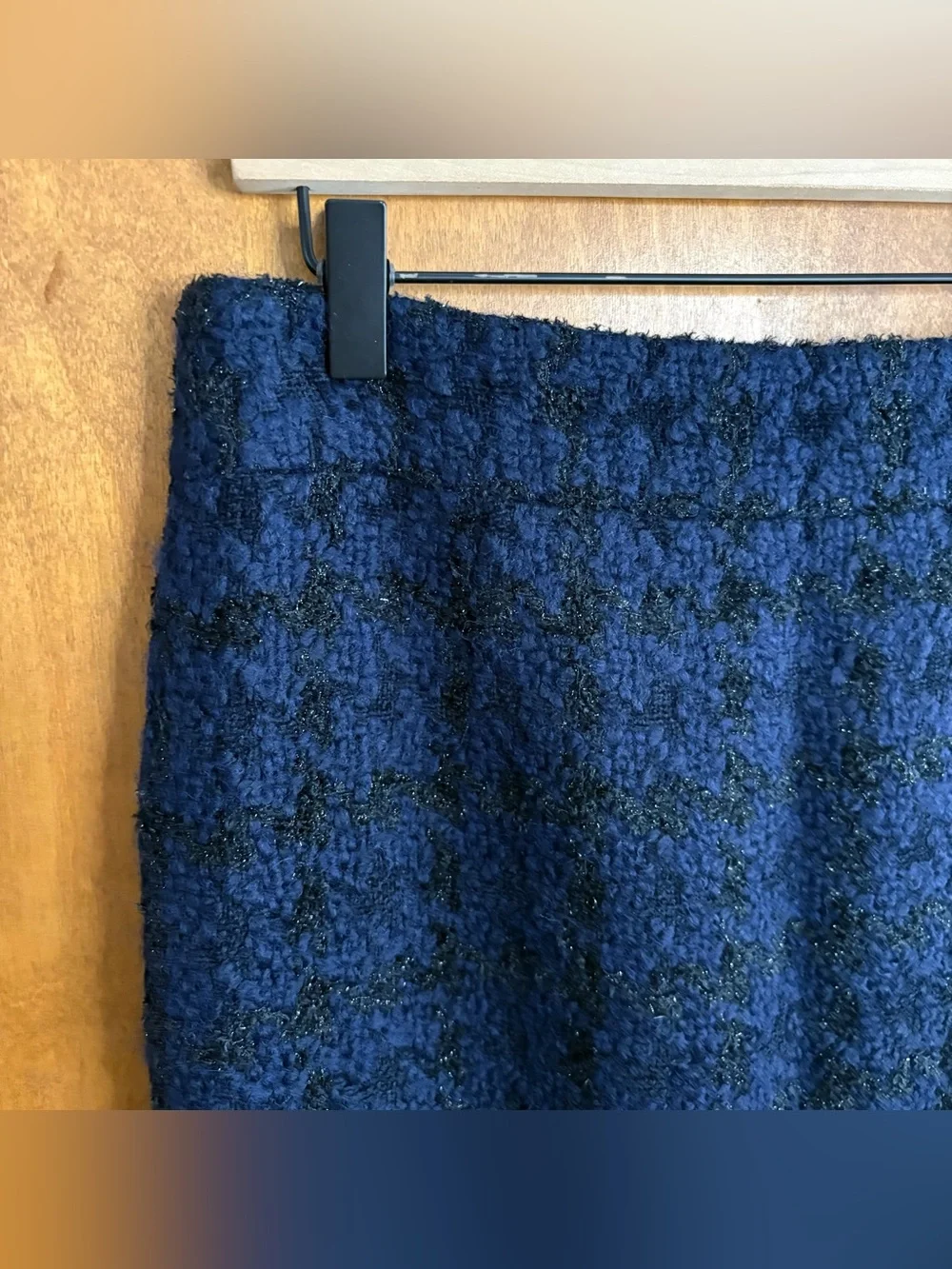 J. Crew Navy Blue Wool Tweed Pencil Skirt Plaid Office Work Career Metallic Boho